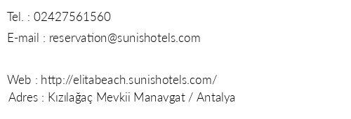 Sunis Elita Beach Resort & Spa telefon numaralar, faks, e-mail, posta adresi ve iletiim bilgileri